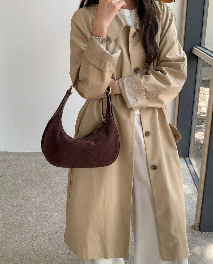 The Cassis Crescent Bag — worn