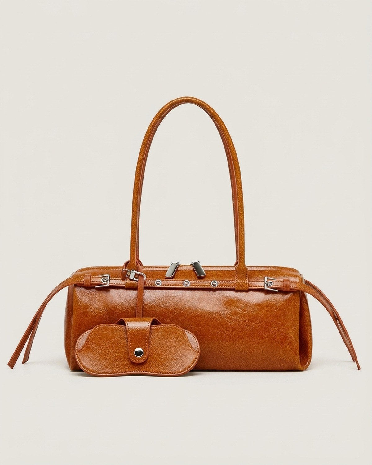 Wildfool The Roma Bowling Bag in Caramel — golden brown wax leather shoulder bag with two slim straps