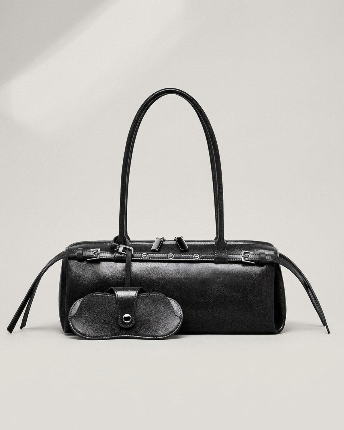 Wildfool The Roma Bowling Bag in Black — black oil-waxed cowhide bowling bag, silver hardware