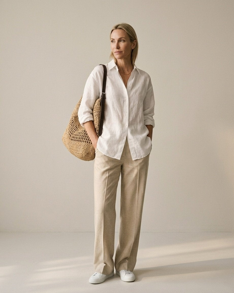 Wildfool Hollow-Weave Tote in Sand �� styled on model, shoulder carry