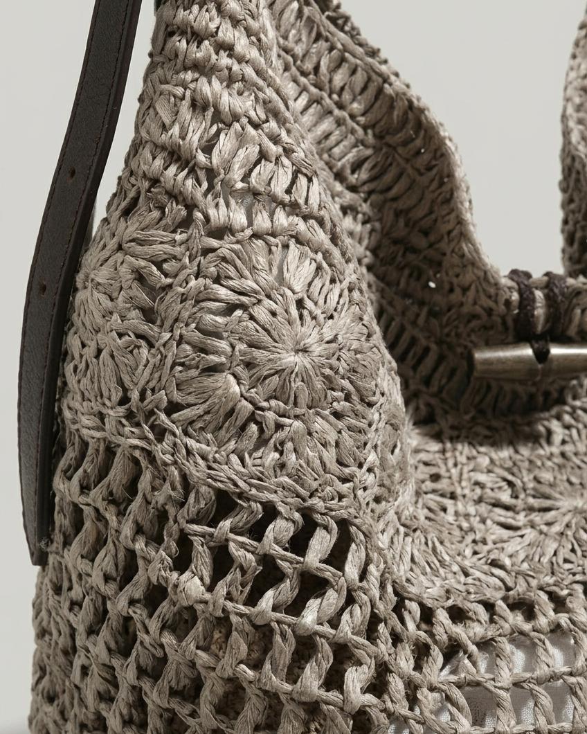 Wildfool Hollow-Weave Tote in Gray — three-quarter view with lock clasp visible