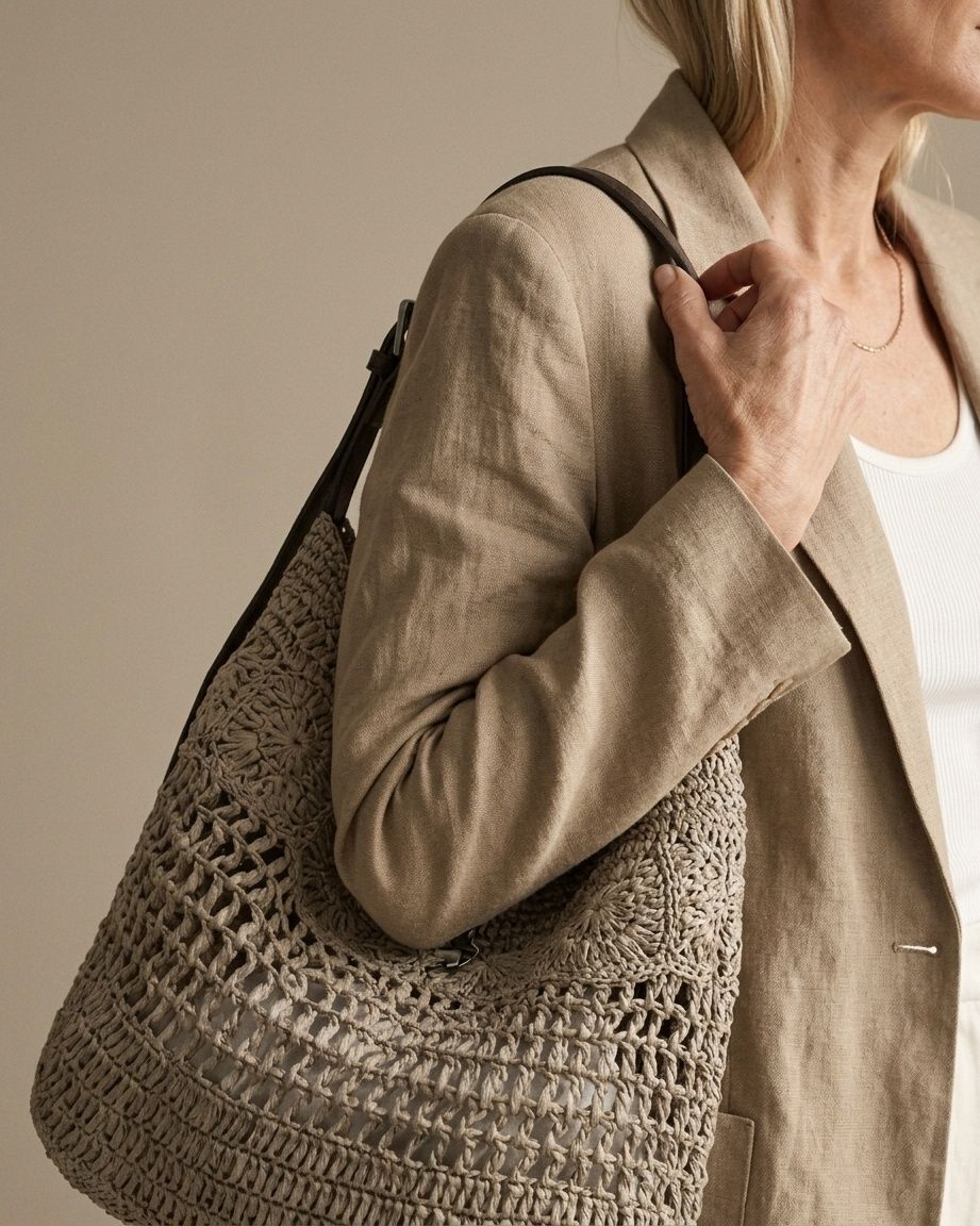 Wildfool Hollow-Weave Tote in Sand — lifestyle carry, leather strap detail