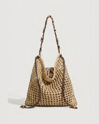 Wildfool Beaded Grass Tote in Khaki — open view showing inner pocket and interior space