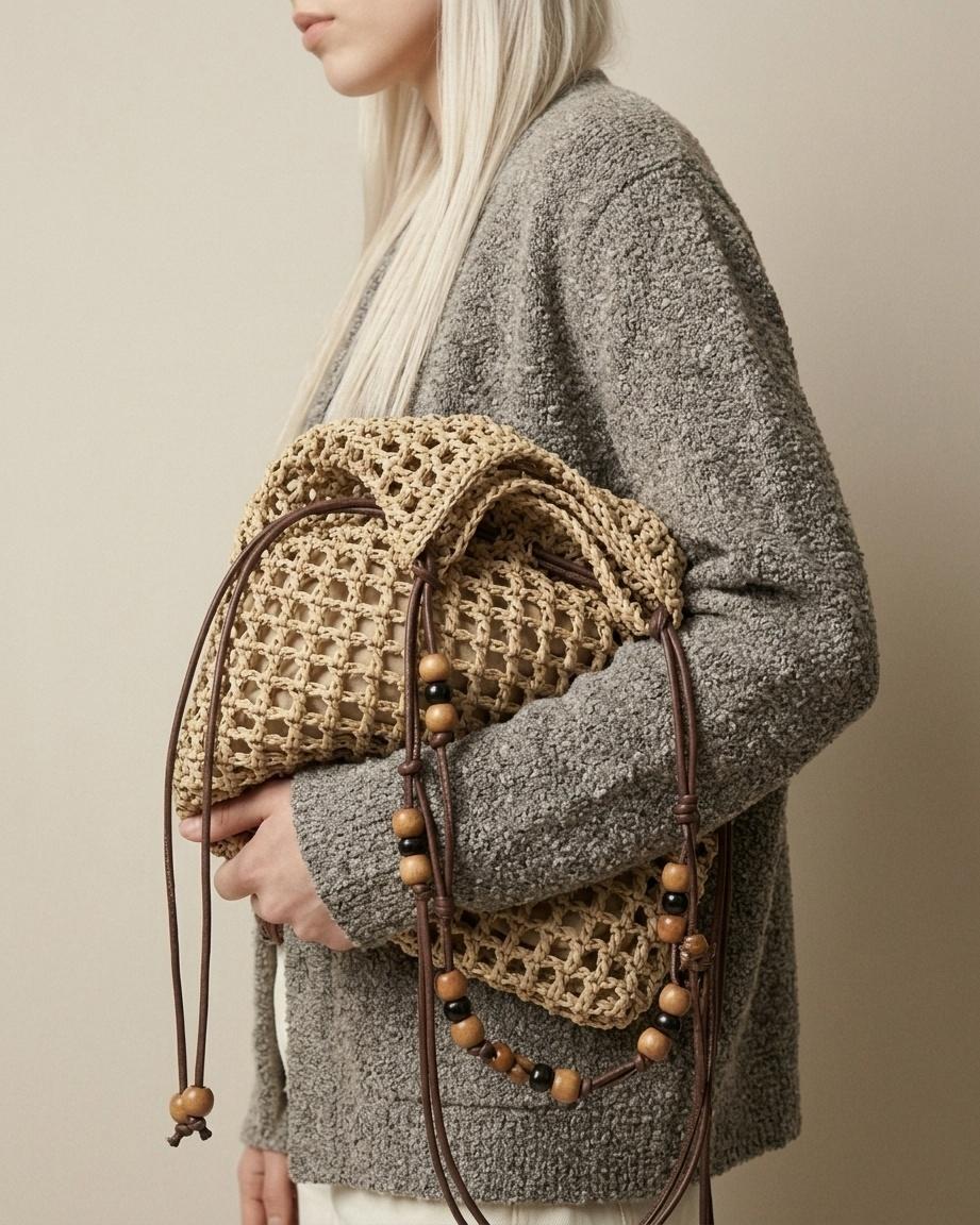 Wildfool Beaded Grass Tote in Khaki — front flat lay showing drawstring closure