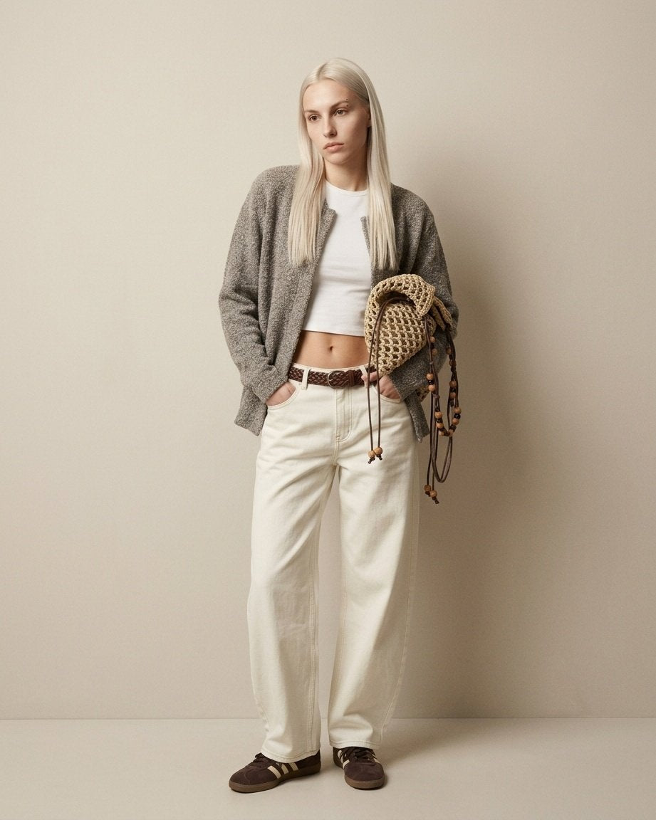 Wildfool Beaded Grass Tote in Khaki �� styled on model with beaded strap