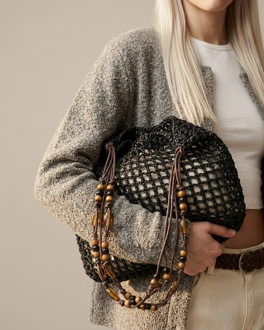 Wildfool Beaded Grass Tote in Khaki — lifestyle carry with beaded strap detail visible