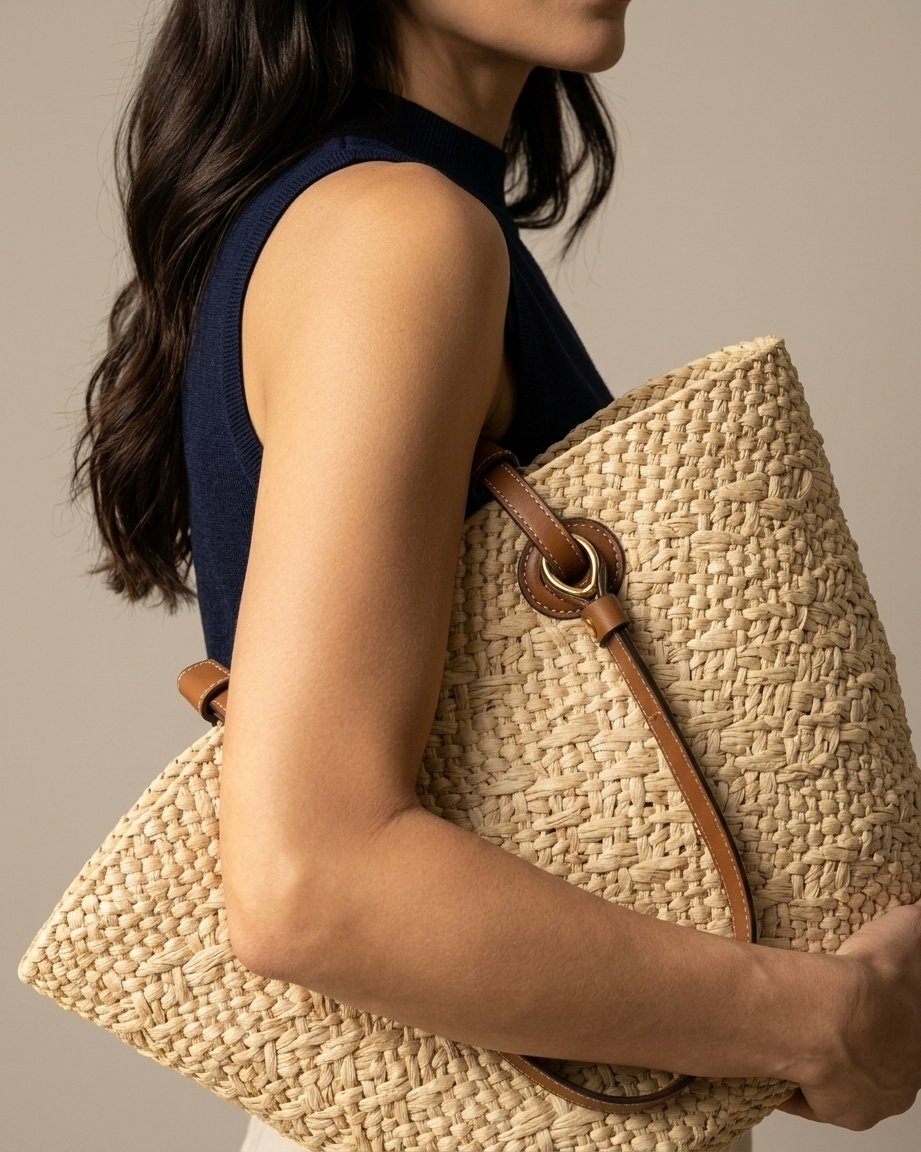 Wildfool woven basket tote in cream with leather handles — full flat lay on linen