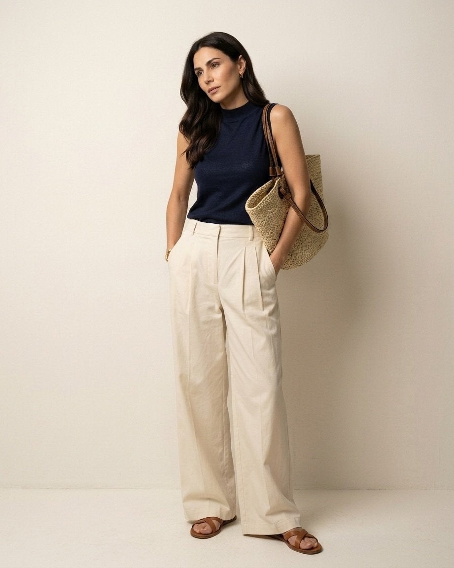 Cream woven tote with metal ring hardware — close-up of leather handle and weave junction