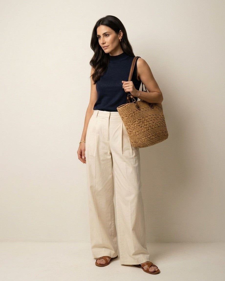 Cream basket tote styled with linen shirt — lifestyle flat lay with produce and novel