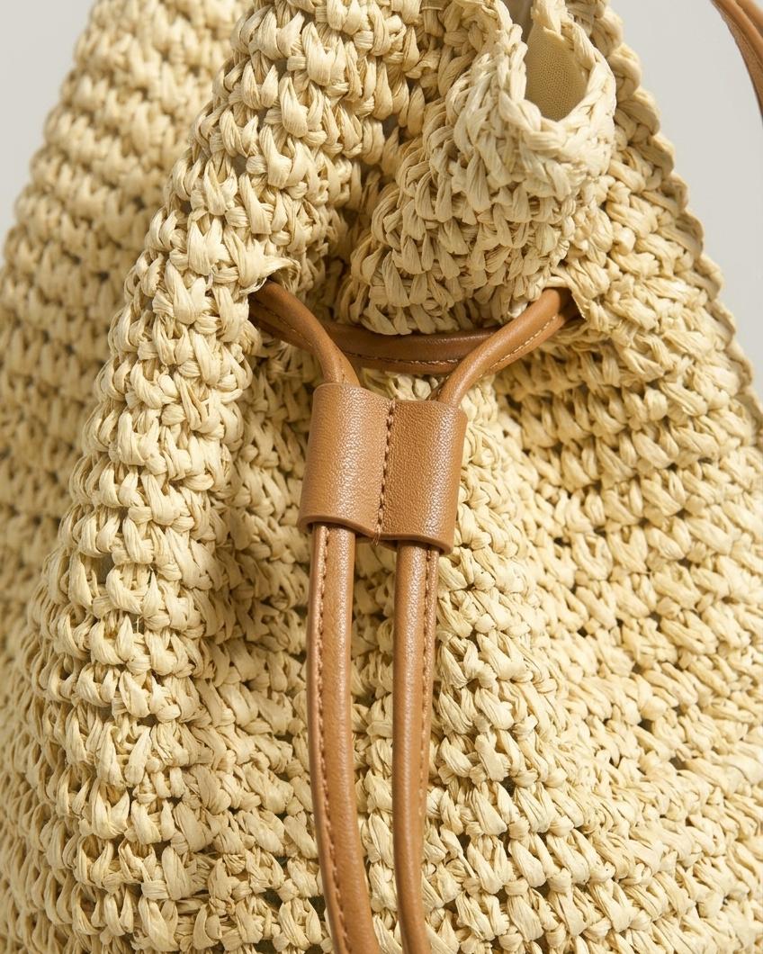 Wildfool Straw Bucket Bag in Cream �� close-up of woven straw texture and drawstring detail