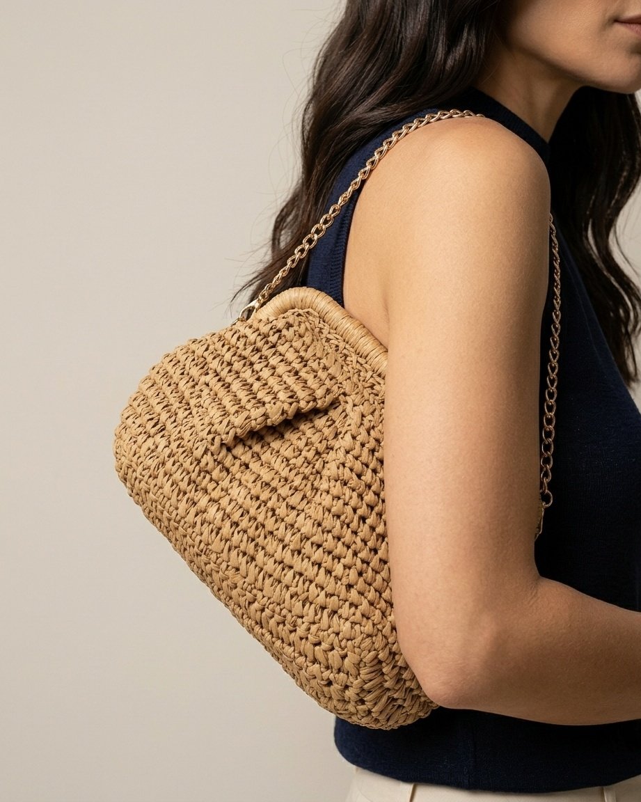 Wildfool woven straw crossbody in camel with brass chain strap — front view