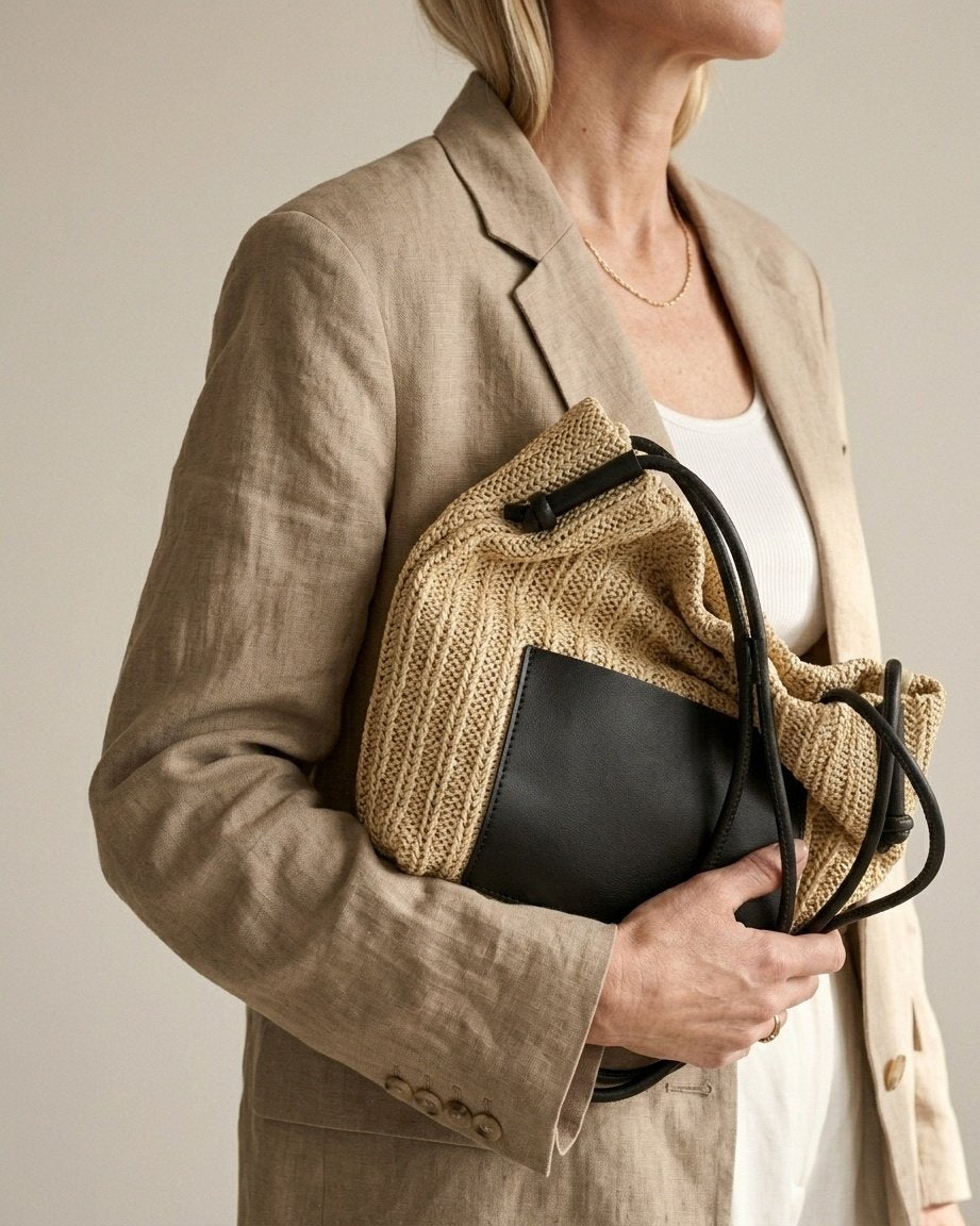 Wildfool black woven straw tote — front view showing leather pocket