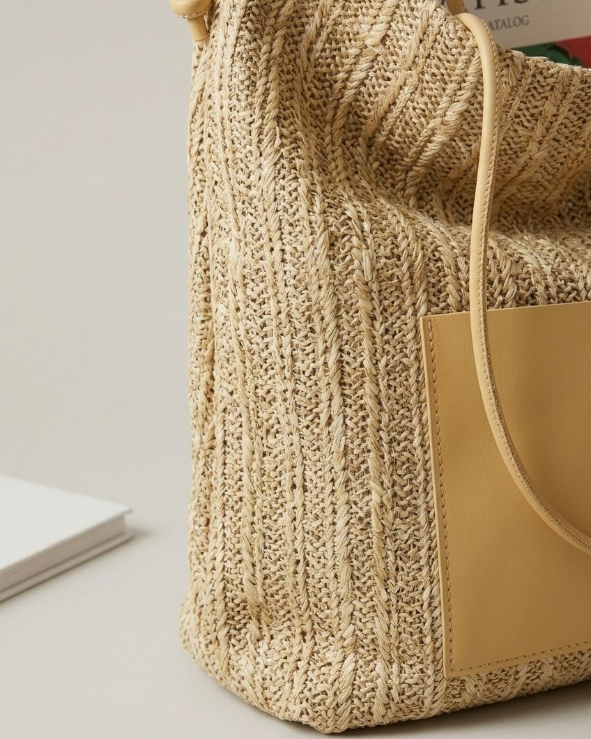 Wildfool black woven tote — flat lay on neutral background