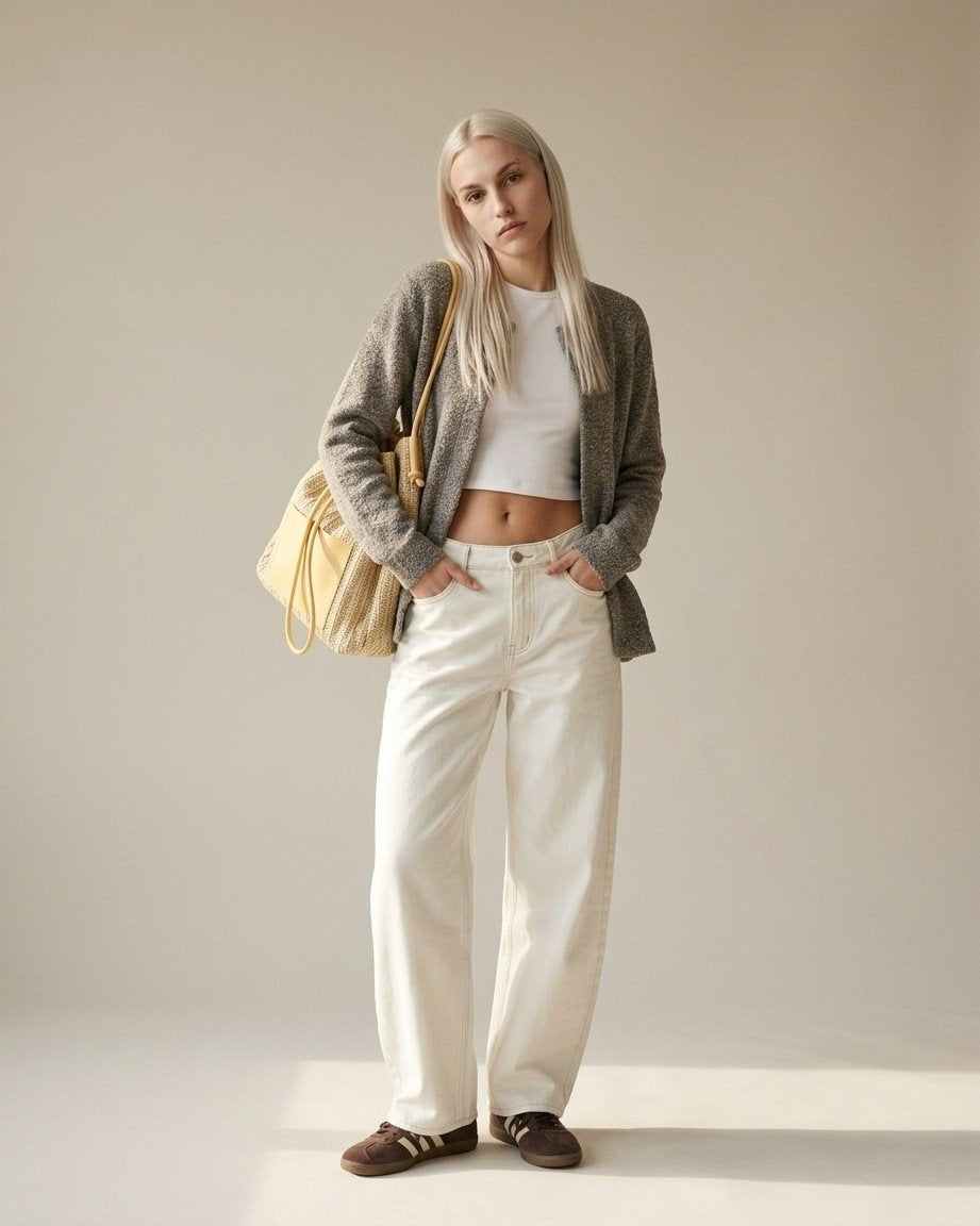 Black woven tote carried on shoulder — lifestyle shot