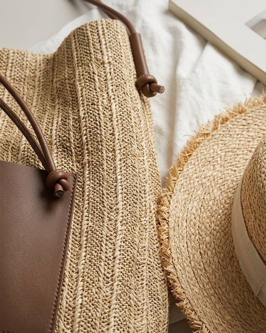 Wildfool black woven tote — flat lay on neutral background