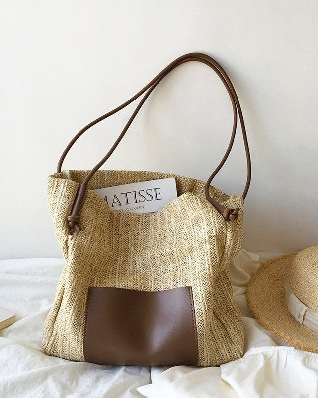 Wildfool Woven Tote and Crossbody Set in Coffee �� front view showing hand-woven straw and leather pocket
