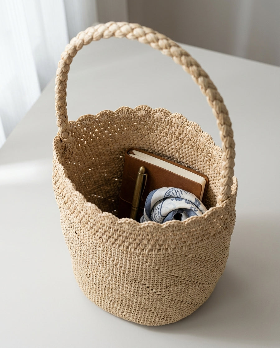 The Scalloped Raffia Bucket Bag