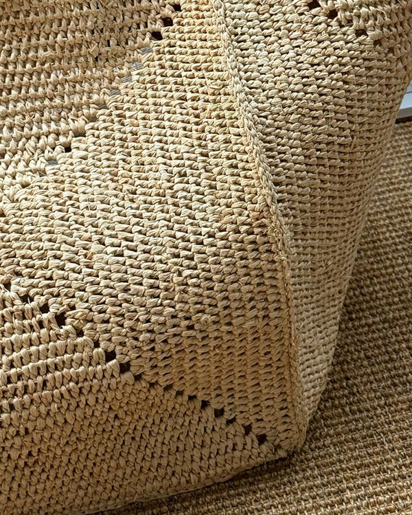 The Grand Market Tote — hand-crocheted natural raffia weave close up