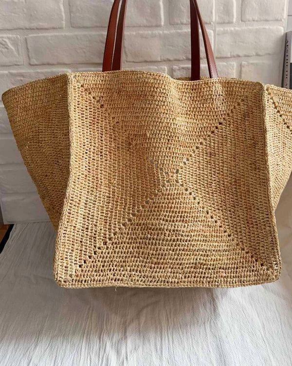 The Grand Market Tote — warm brown leather handles