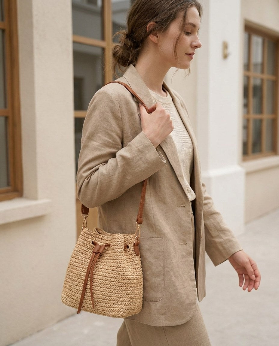 Wildfool The Noto Raffia Bucket — detail view
