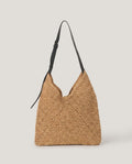 Wildfool The Menton Woven Shoulder Bag in Camel — hand-crocheted paper straw tote with black strap
