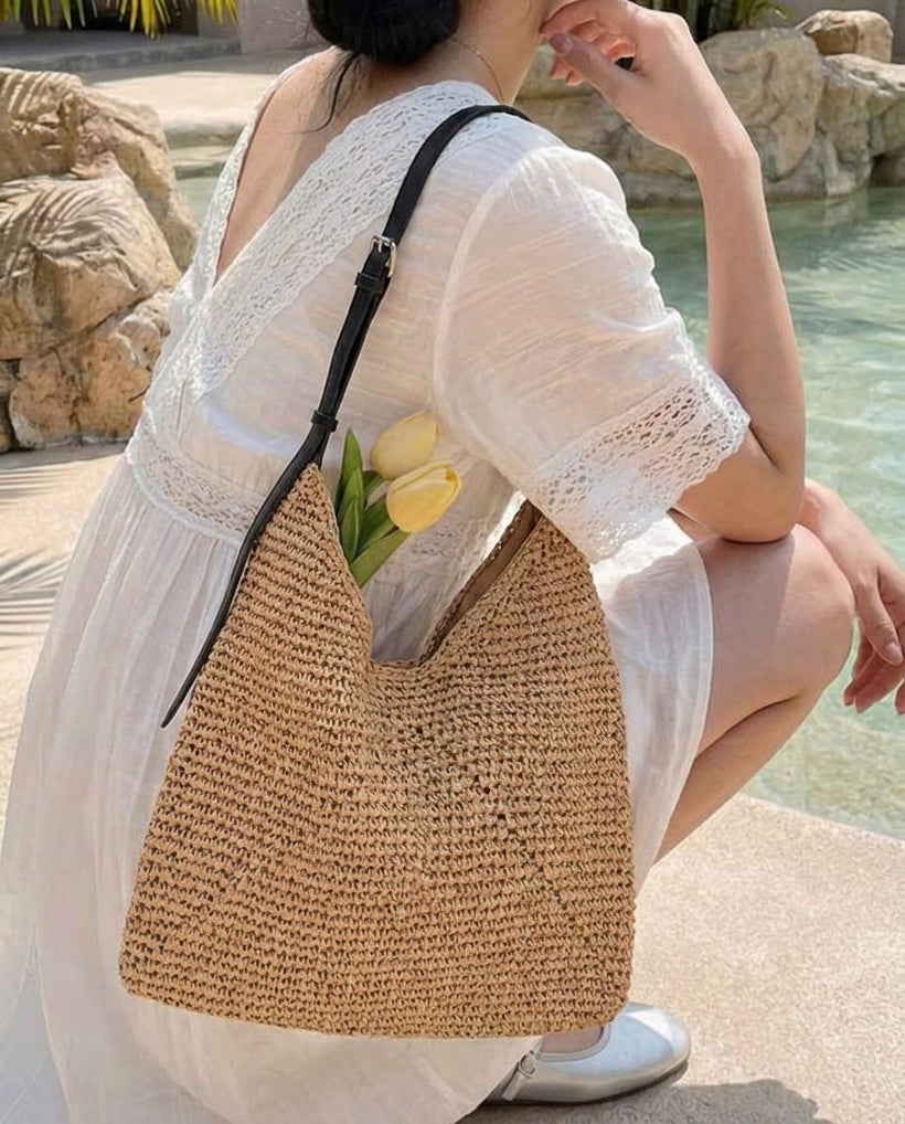 The Menton Woven Shoulder Bag — worn