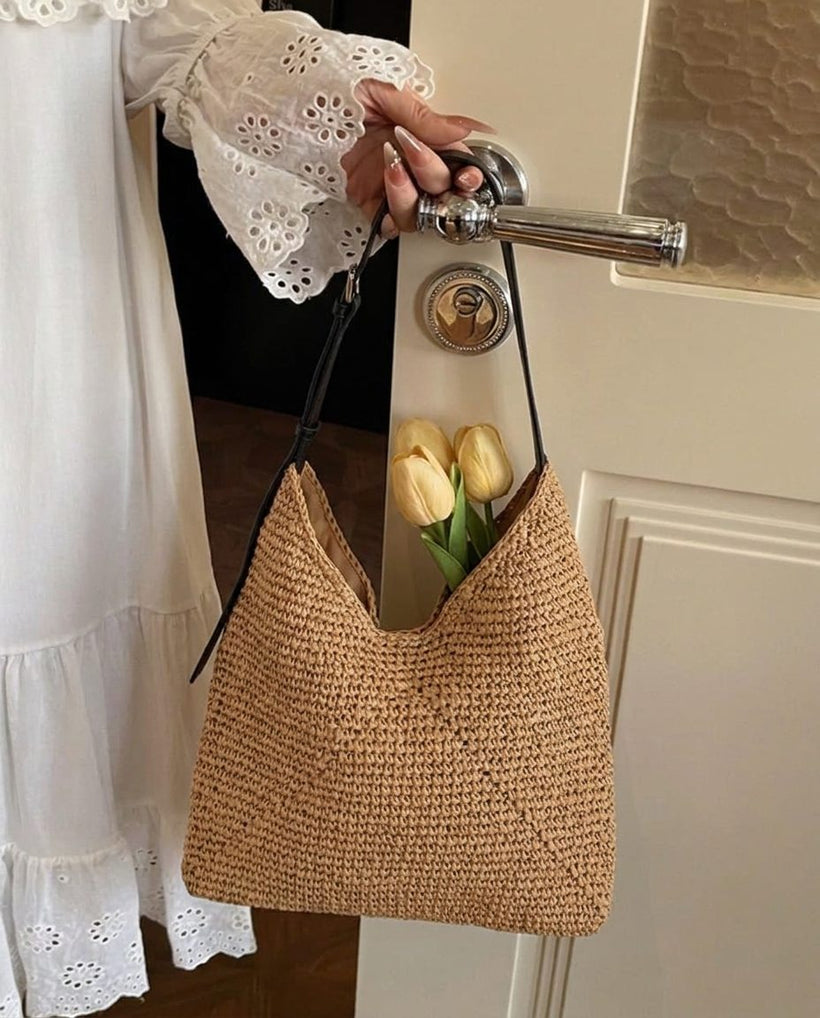 The Menton Woven Shoulder Bag — worn