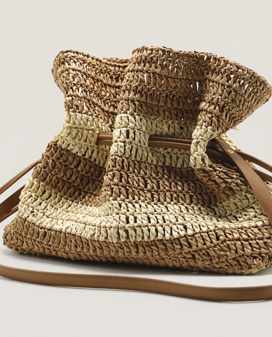 Wildfool The Amalfi Striped Tote in Camel and Cream — gathered-top crochet straw shoulder bag