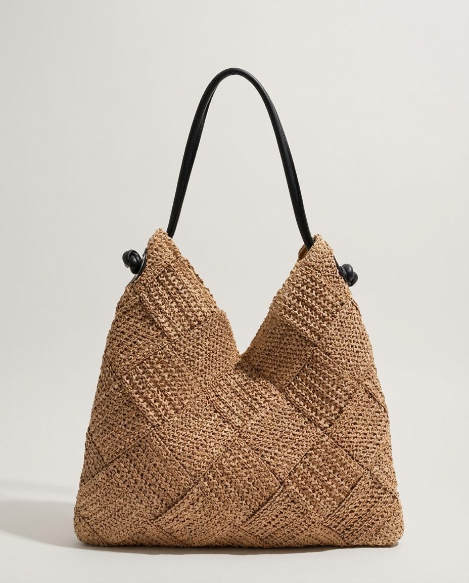 Wildfool The Trani Basket Shoulder Bag in Camel — hand-woven straw bag with knotted handles