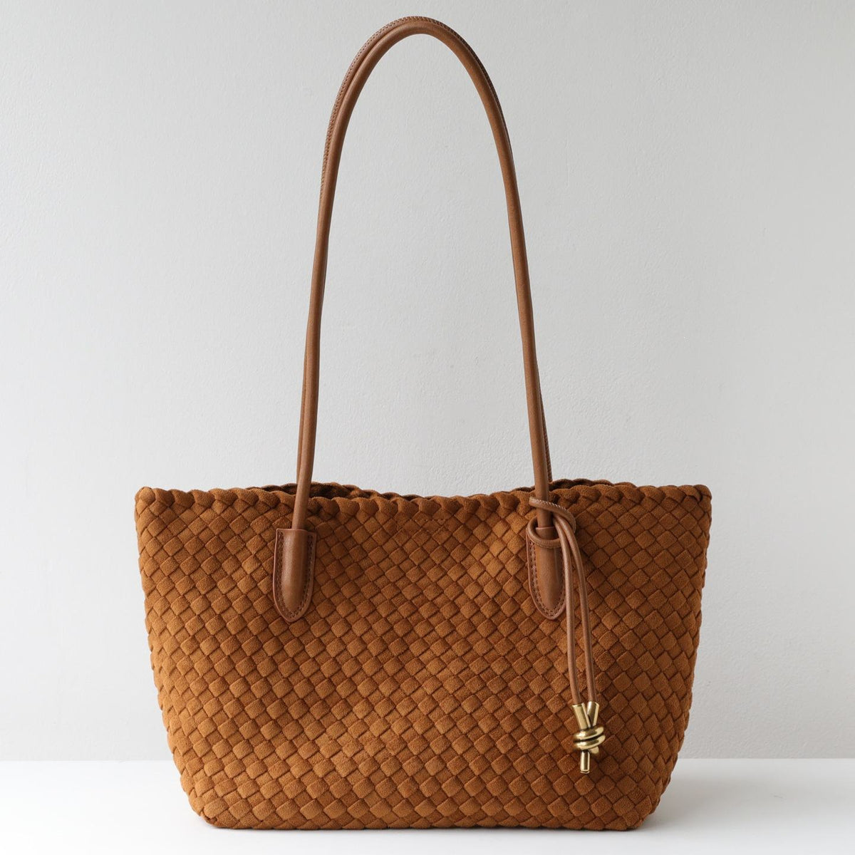 Wildfool The Torino Woven Tote in Camel — warm caramel velvet-touch woven bag