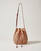 Wildfool The Bari Crochet Bucket in Khaki — hand-crocheted paper straw bucket bag with drawstring