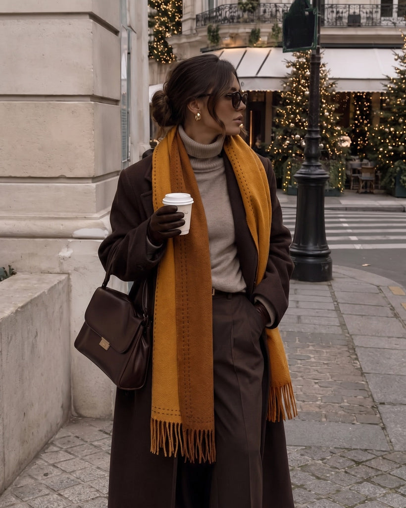The Reversible Topstitch Scarf in Camel, worn hanging long over a dark coat on a city street