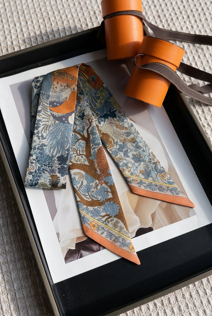 Wildfool Arts & Crafts twilly set — indigo botanicals and burgundy paisley draped together
