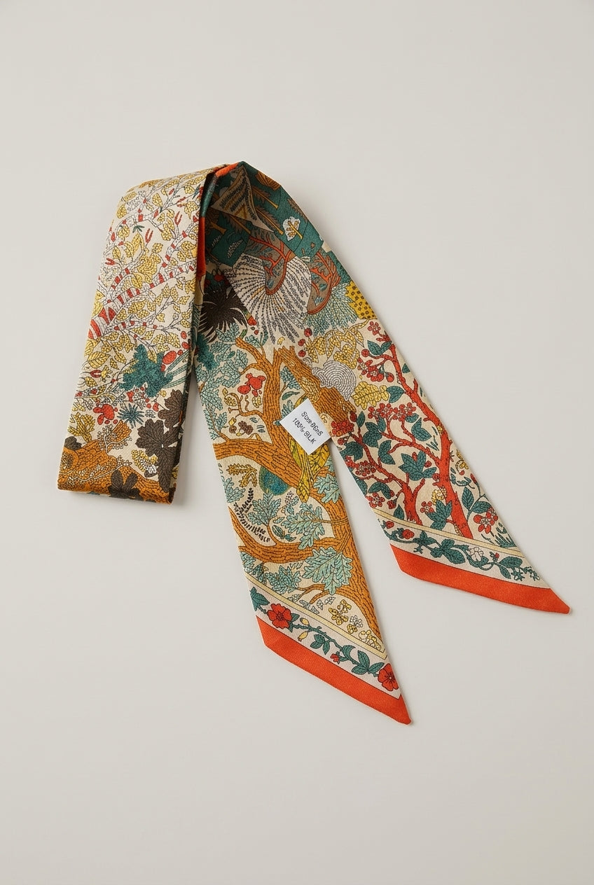 Wildfool mulberry silk twilly set with William Morris botanical print in deep indigo — flat lay on neutral linen