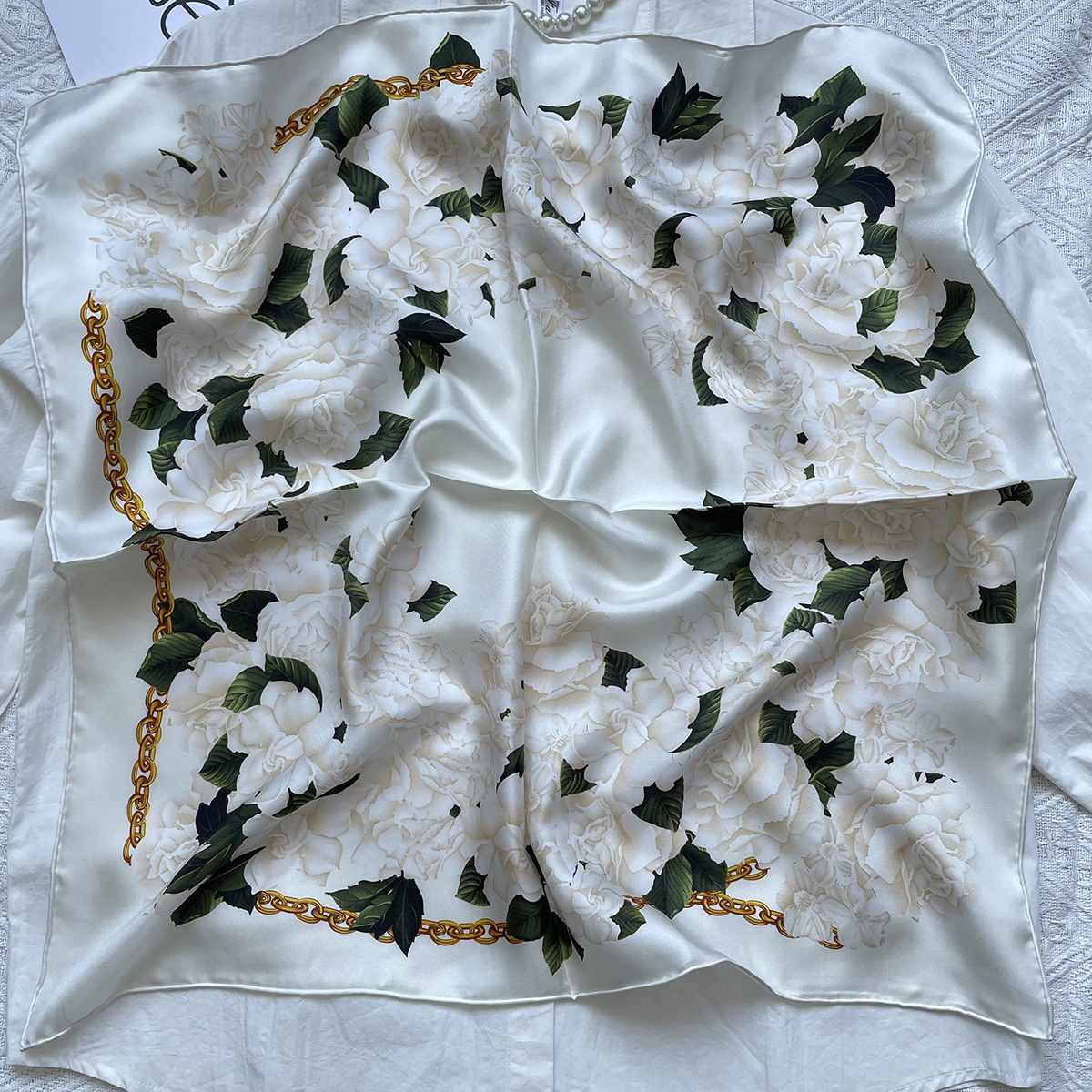 The 65cm Hand-Rolled Silk Square — Chain Bloom
