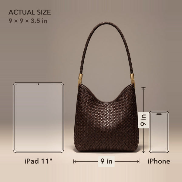 The Woven Leather Shoulder Bag shown to scale beside an 11-inch iPad and an iPhone