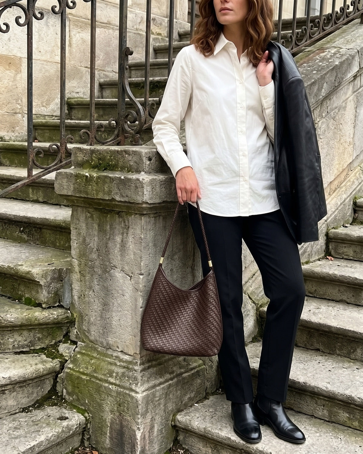 The Woven Leather Shoulder Bag - Espresso