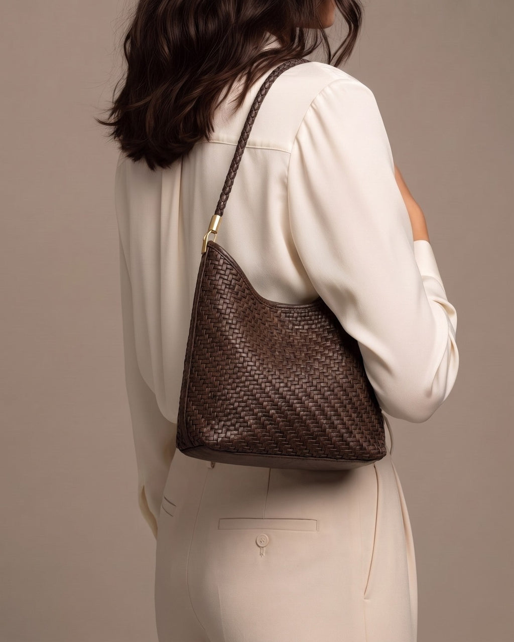 The Woven Leather Shoulder Bag - Espresso