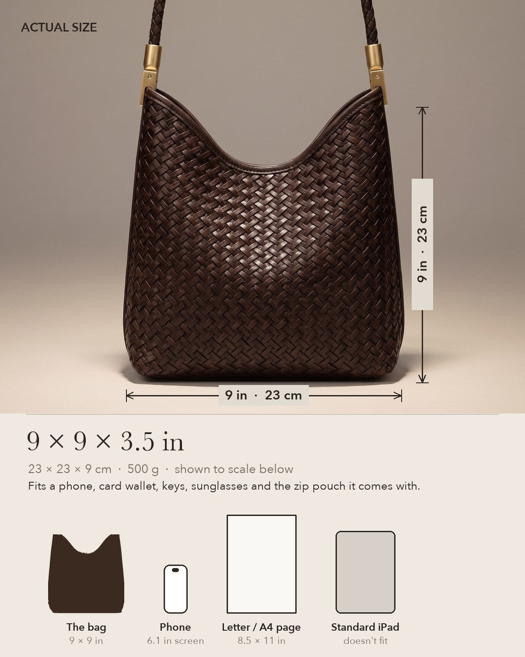 The Woven Leather Shoulder Bag - actual size 9 x 9 in