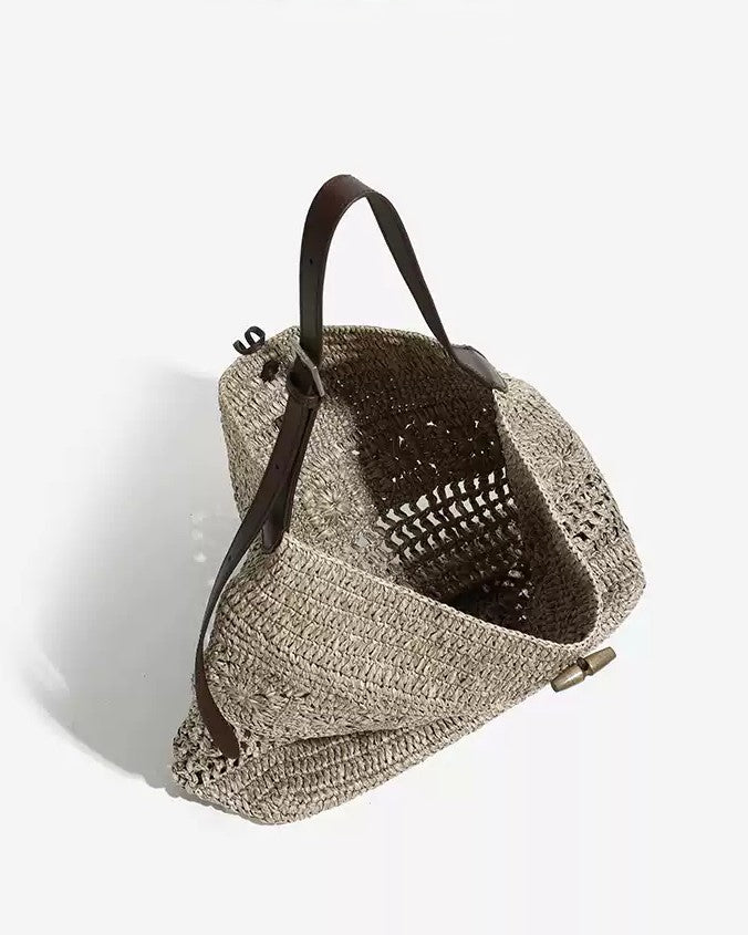 Wildfool Hollow-Weave Tote in Gray - Front View - Hand-Woven Straw, Leather Strap, Lined Interior