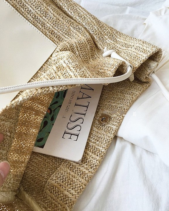 Wildfool Woven Tote and Crossbody Set in Black - Detail Close-up - Hand-Woven Straw, Mother-Child Design, Magnetic Closure