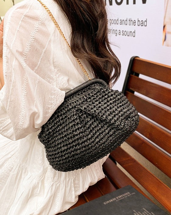 Wildfool Woven Shell Crossbody in Camel - Styled on Model - Woven Straw, Chain Strap, Shell Shape