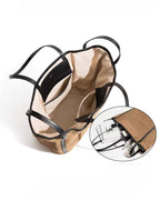 Brown woven tote detail — buckle and drawstring closure mechanisms