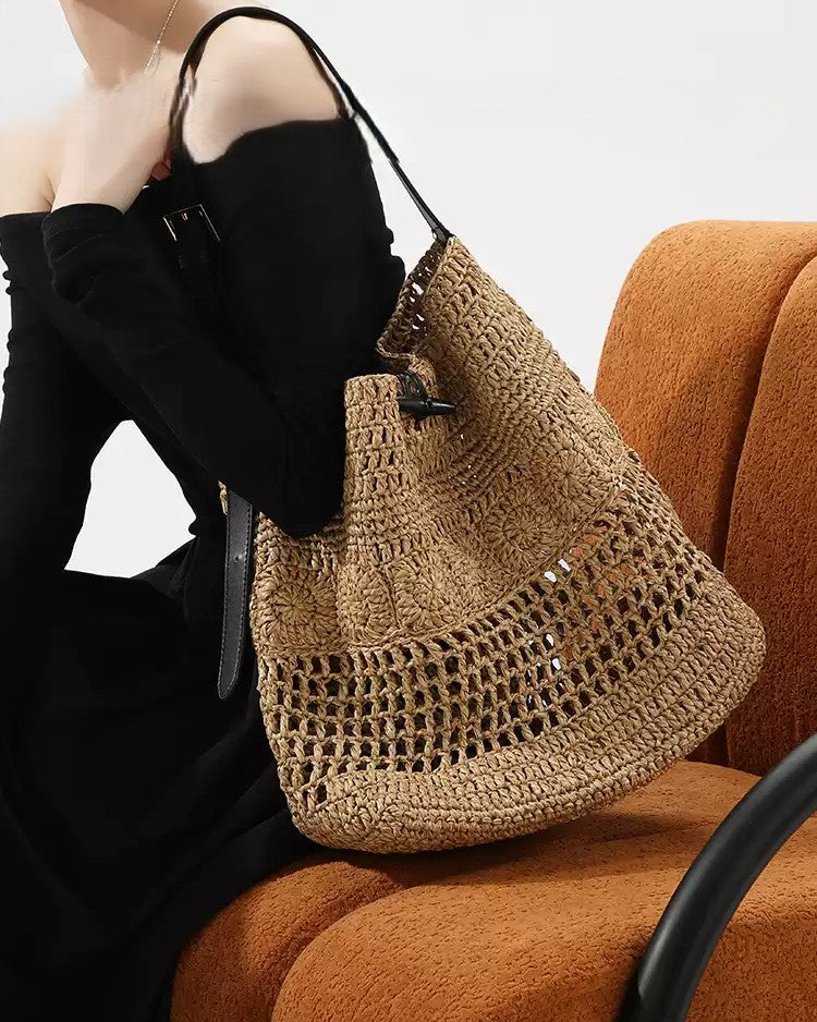 Wildfool Hollow-Weave Tote in Sand - Styled on Model - Hand-Woven Straw, Leather Strap, Lined Interior