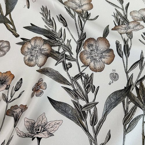 Wildfool 90cm mulberry silk scarf with botanical specimen illustrations — cream side flat lay