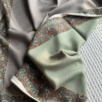 Wildfool neutral scarf draped loosely at neck showing camel center and paisley edge visible