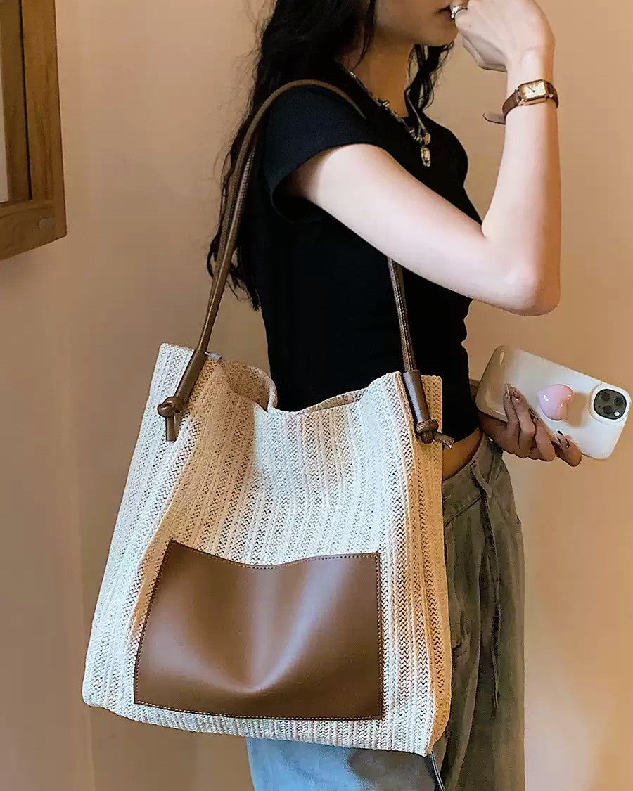 Wildfool Woven Tote and Crossbody Set in Yellow - Styled on Model - Hand-Woven Straw, Mother-Child Design, Magnetic Closure