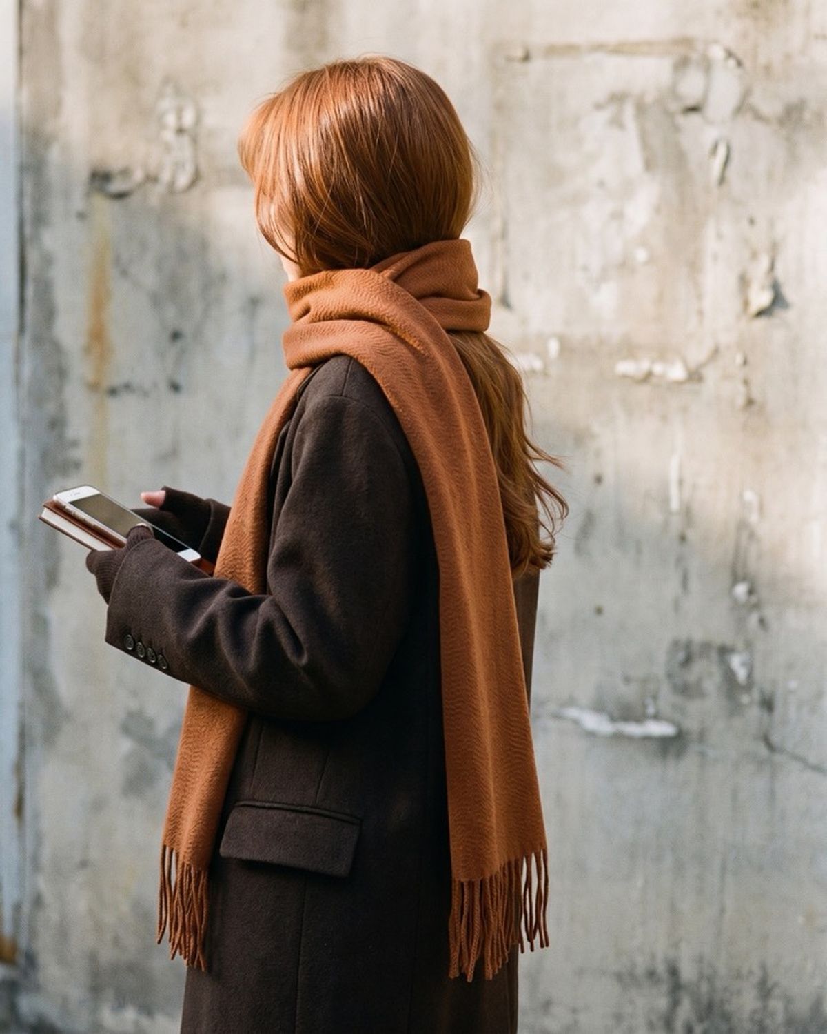 The Dune 100% Cashmere Scarf in Bronze, worn over a coat, seen from behind