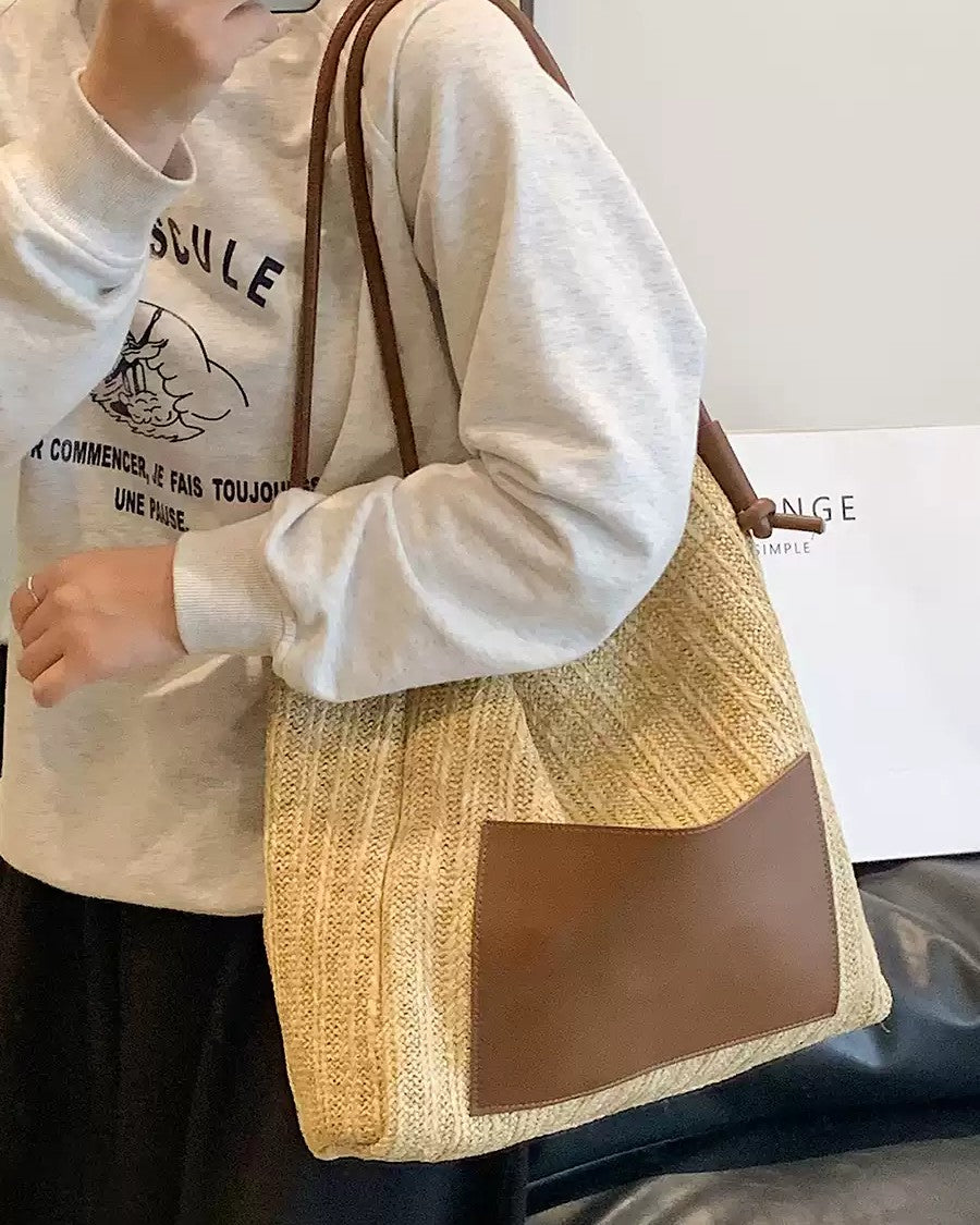 Wildfool Woven Tote and Crossbody Set in Yellow - Styled on Model - Hand-Woven Straw, Mother-Child Design, Magnetic Closure