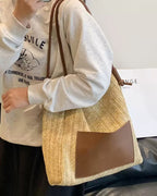 Wildfool Woven Tote and Crossbody Set in Yellow - Styled on Model - Hand-Woven Straw, Mother-Child Design, Magnetic Closure